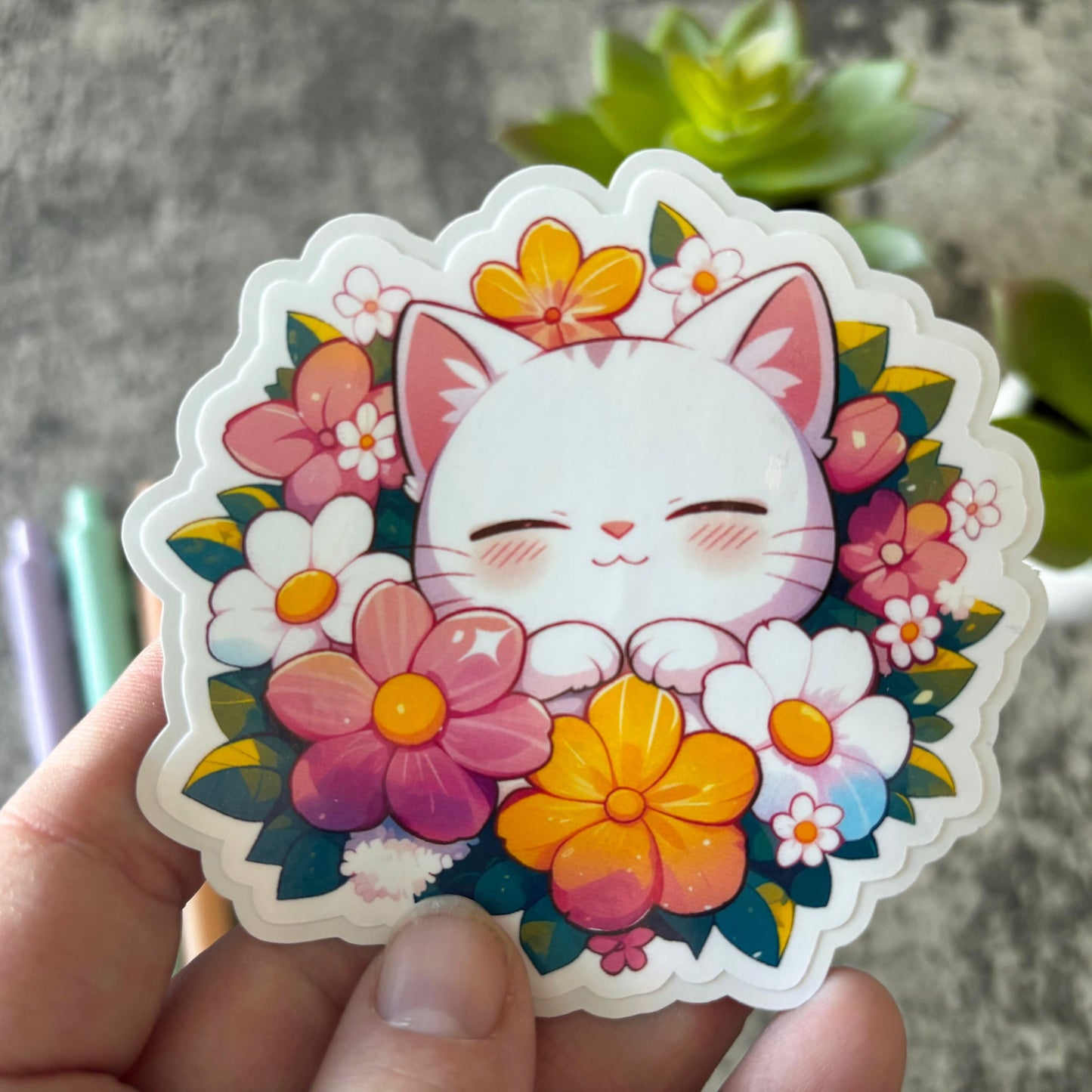 Cute Spring Cat Sticker, Pink and Yellow