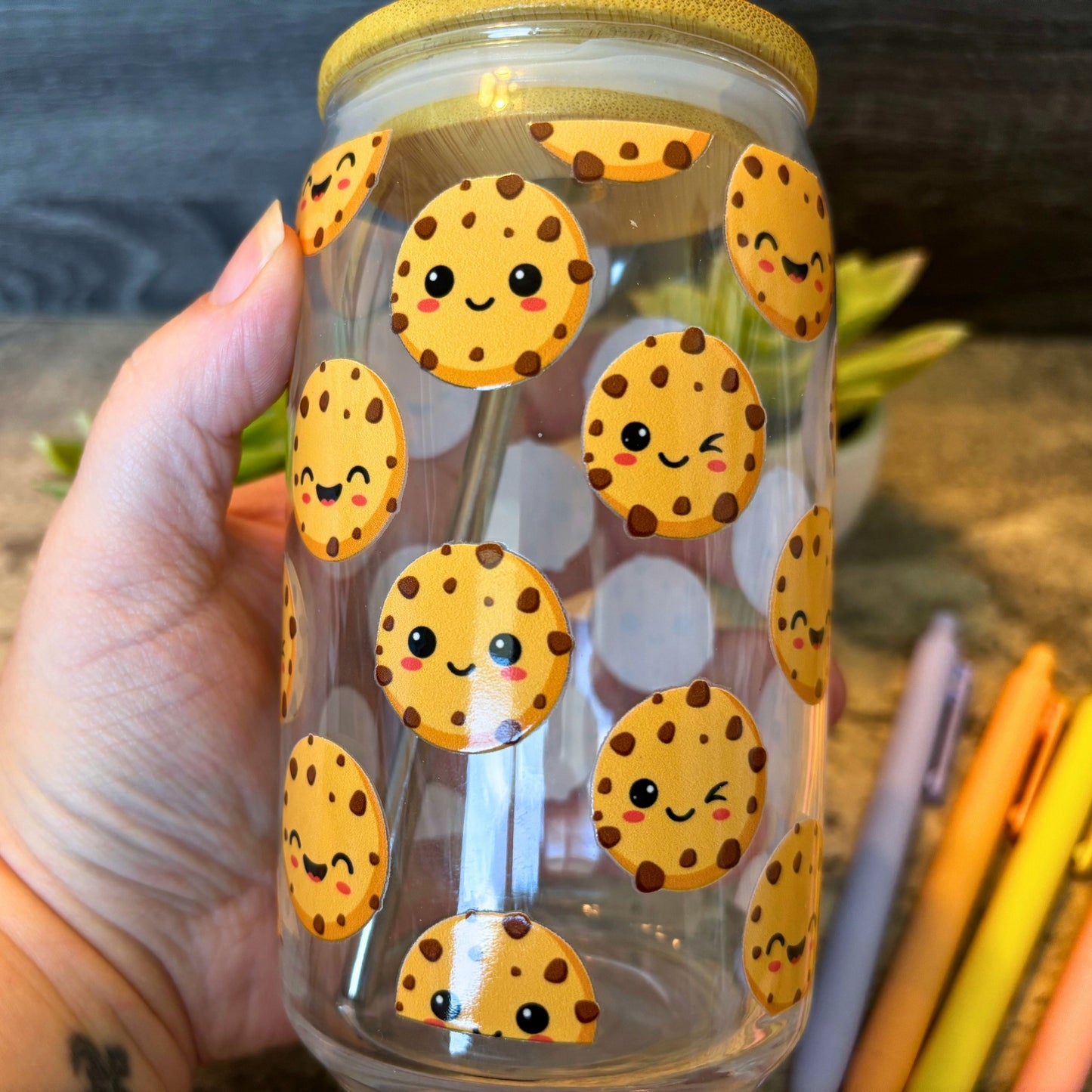 Cute Happy Cookies Glass Iced Coffee Cup