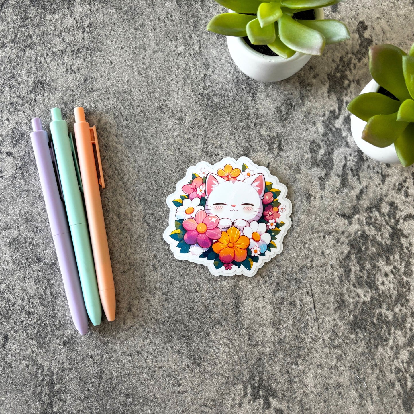 Cute Spring Cat Sticker, Pink and Yellow