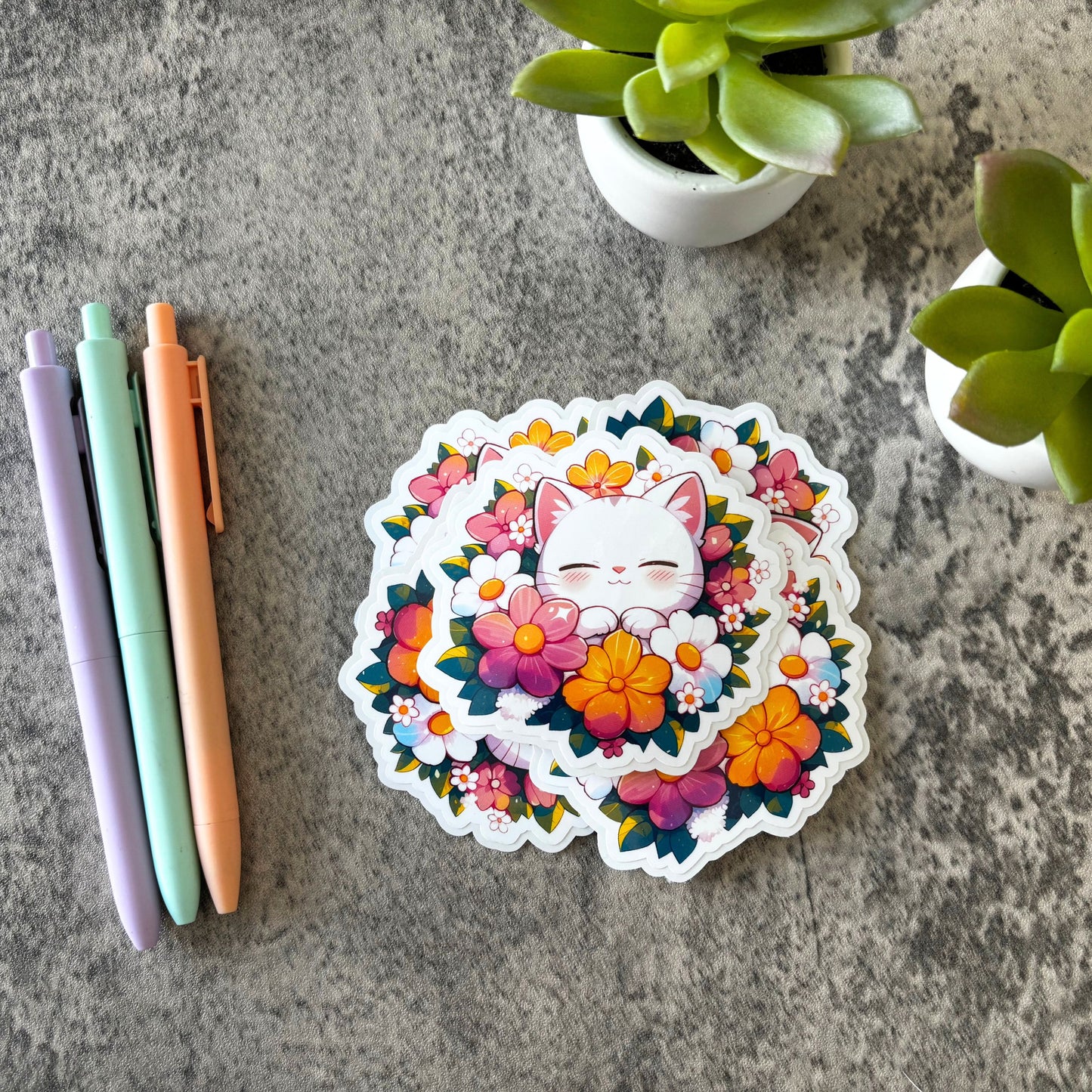 Cute Spring Cat Sticker, Pink and Yellow