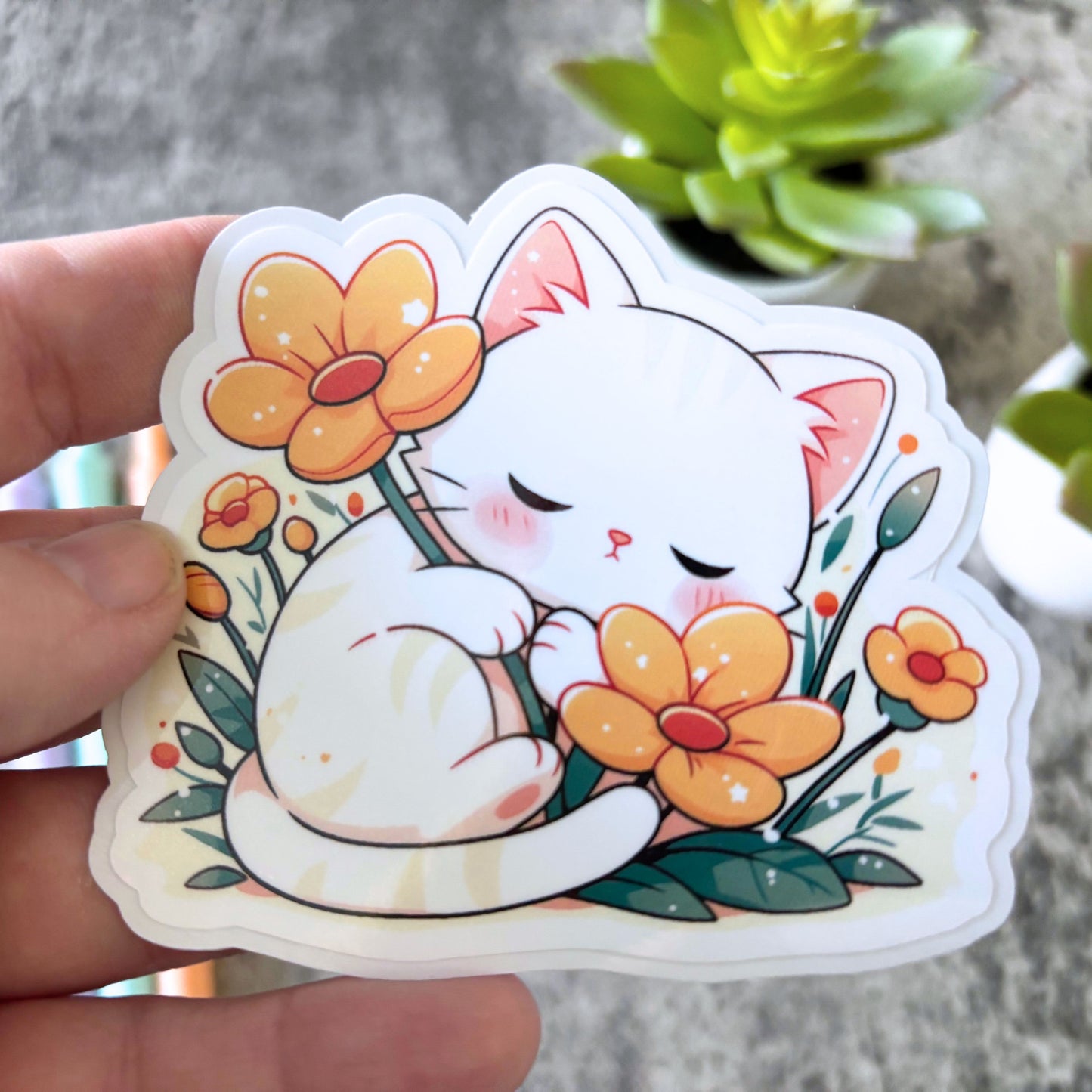 Cute Spring Cat Sticker, Yellow Flowers