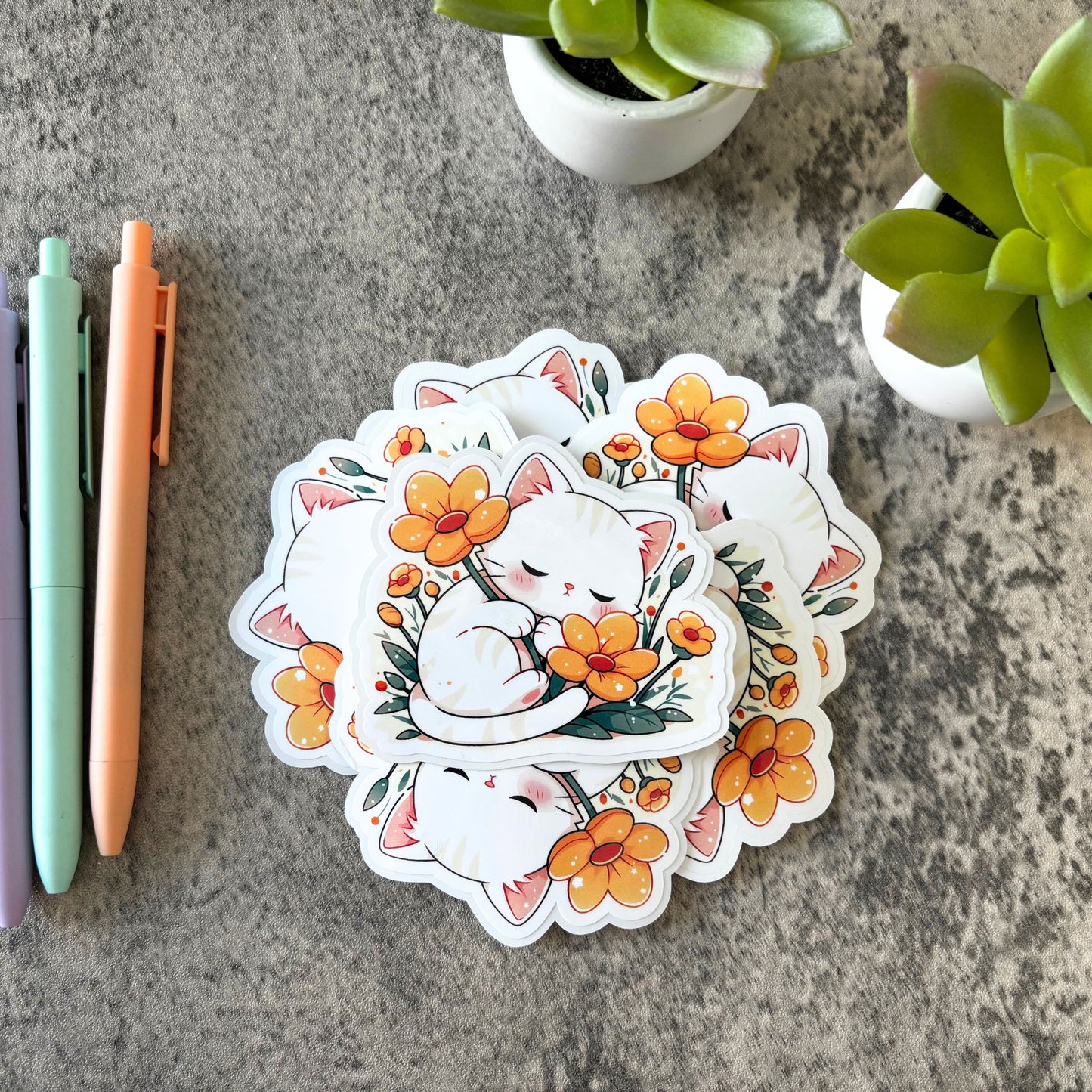 Cute Spring Cat Sticker, Yellow Flowers