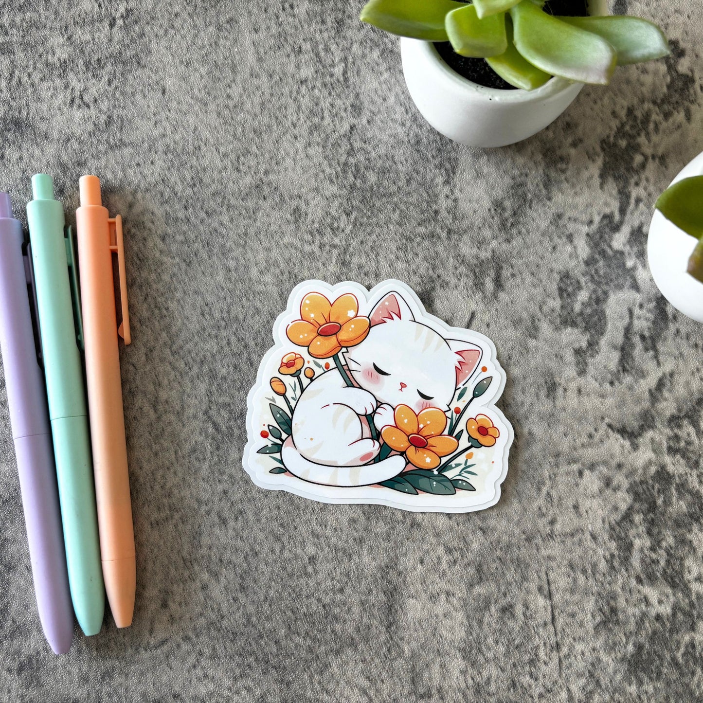 Cute Spring Cat Sticker, Yellow Flowers