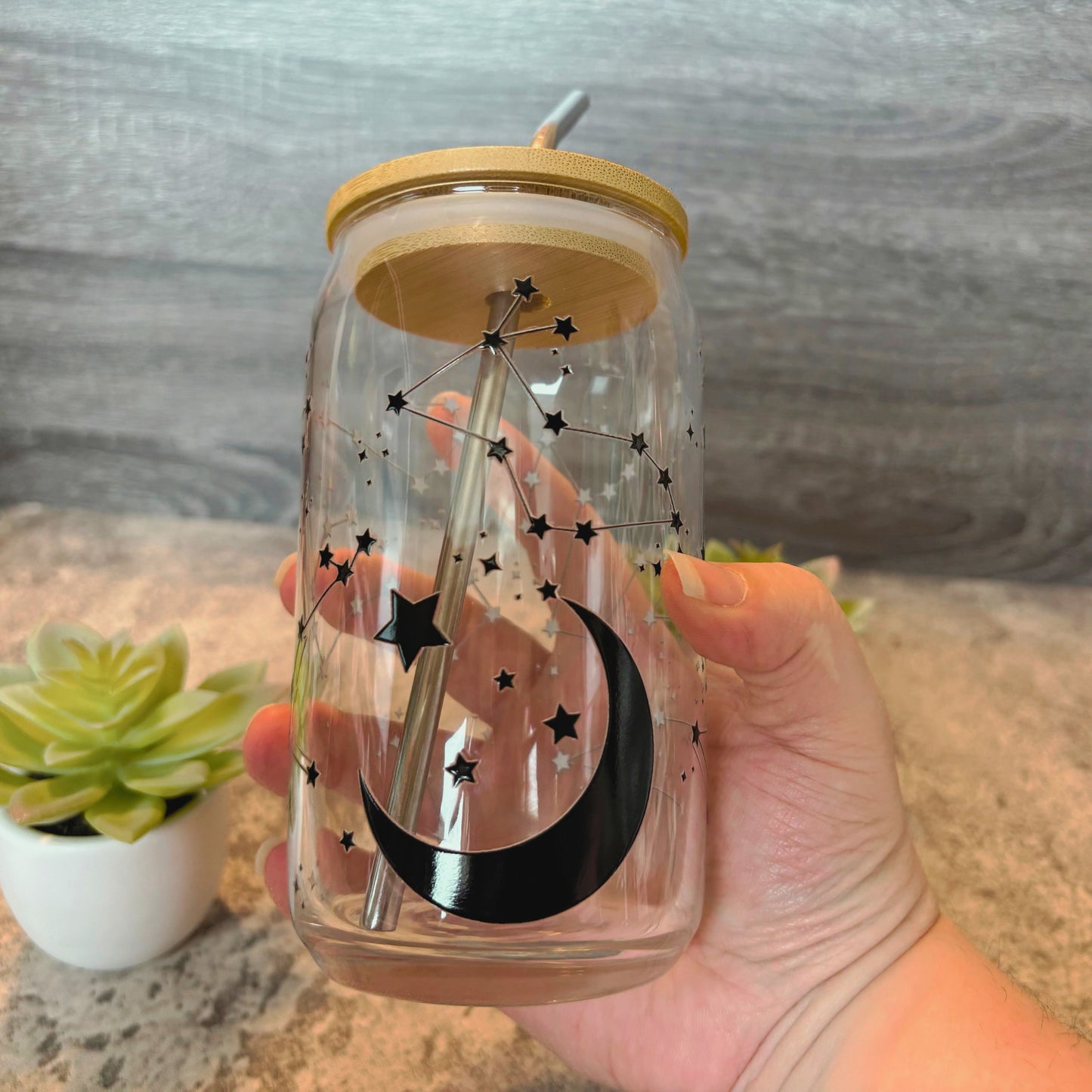 Beautiful Crescent Moon and Constellations Glass Iced Coffee Cup