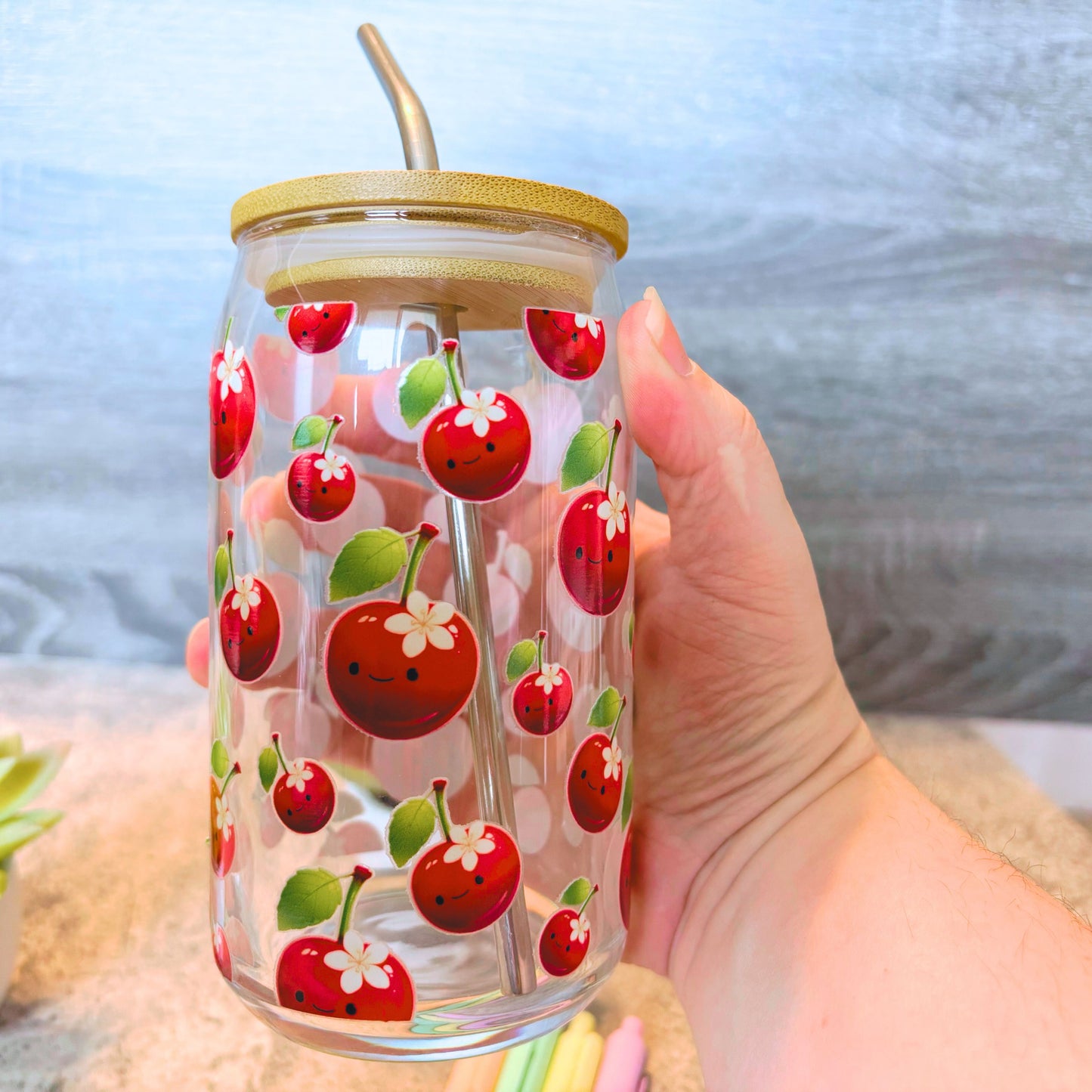 Cute Cherry Pattern Glass Iced Coffee Cup