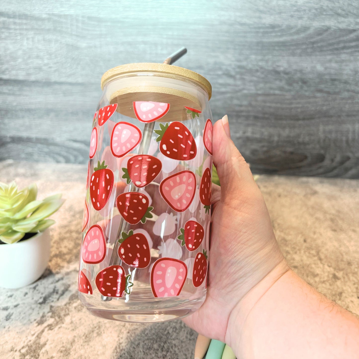 Cute Strawberry Pattern Glass Iced Coffee Cup