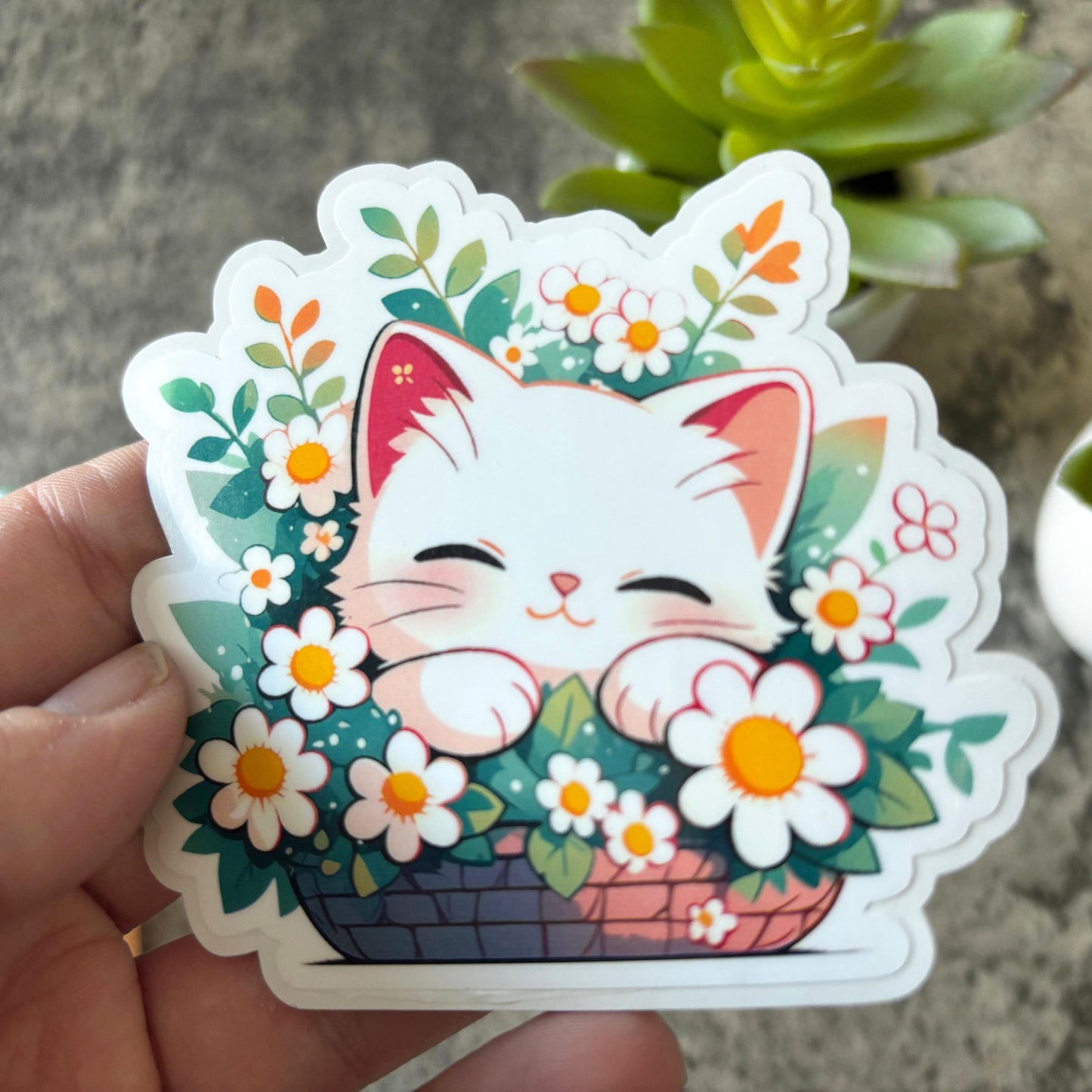 Cute Spring Cat Sticker, White Flowers