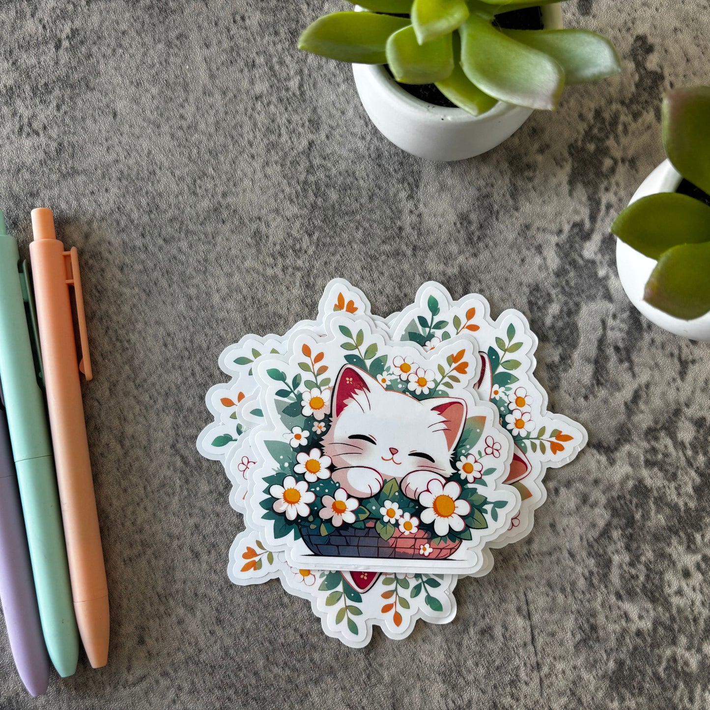 Cute Spring Cat Sticker, White Flowers