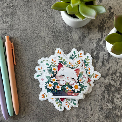 Cute Spring Cat Sticker, White Flowers