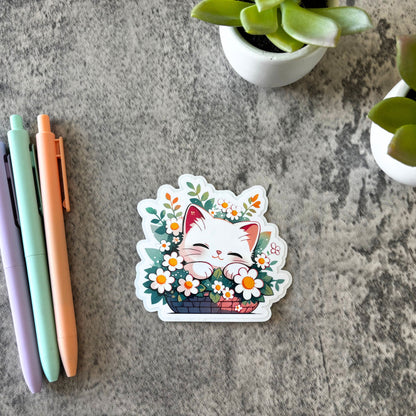 Cute Spring Cat Sticker, White Flowers