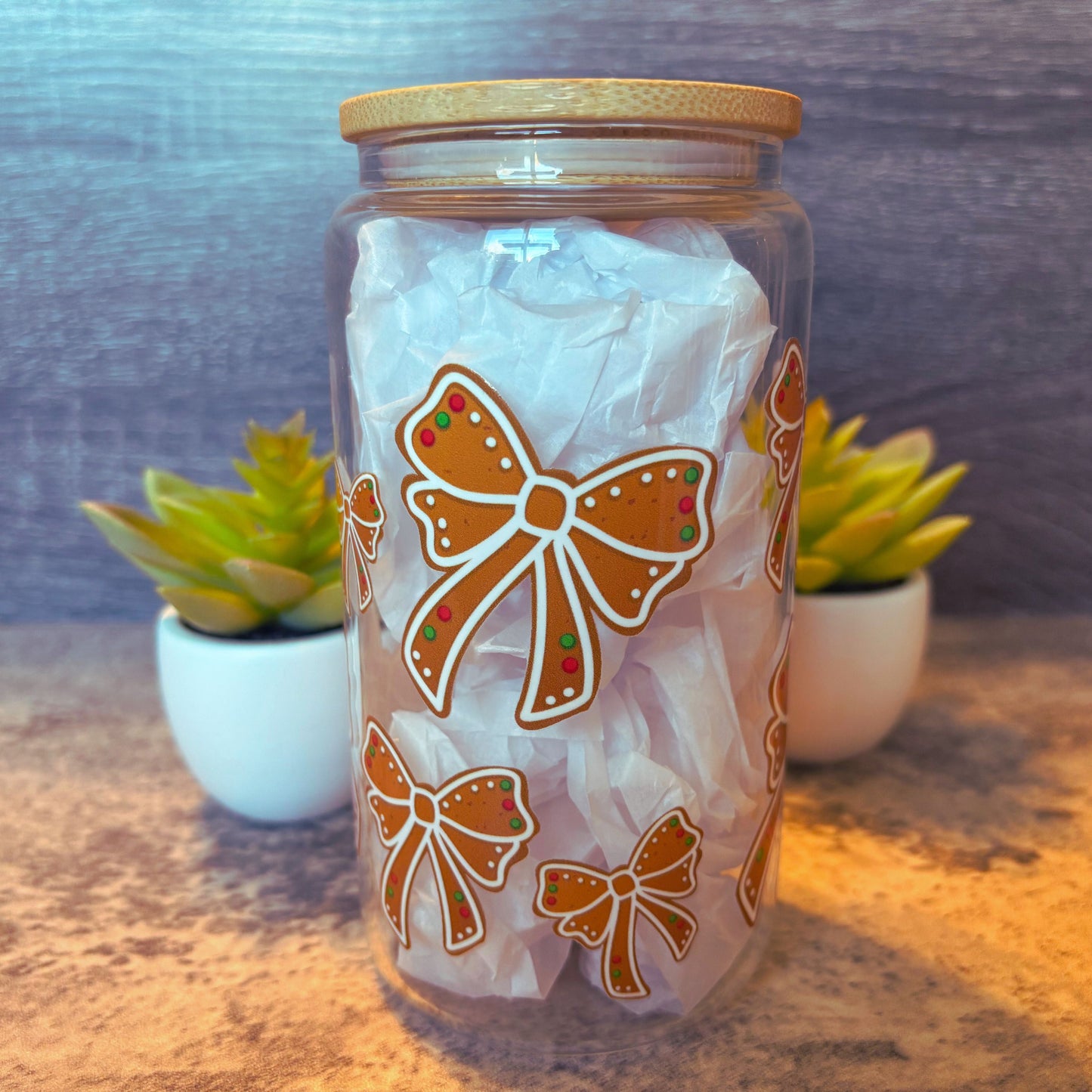 Cute Gingerbread Bows Glass Iced Coffee Cup