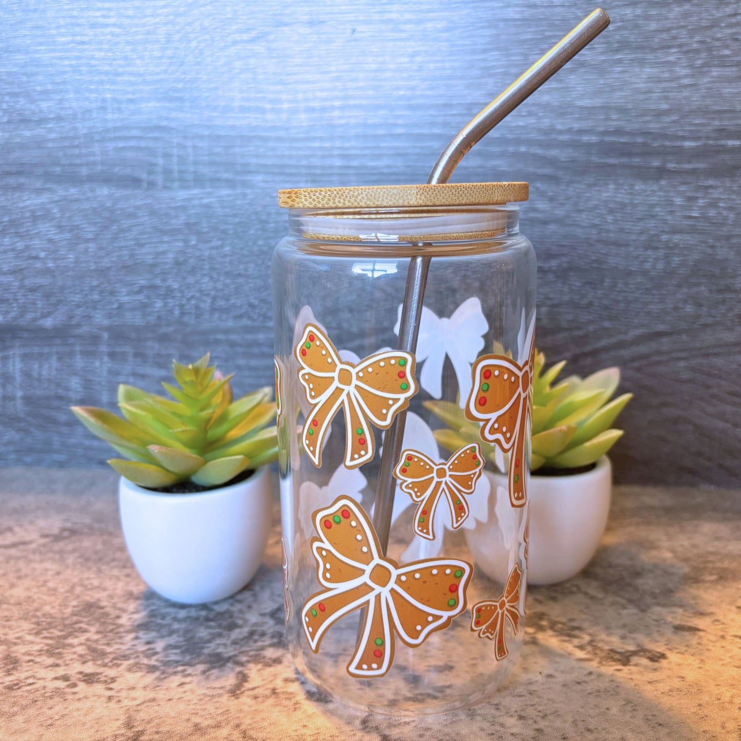 Cute Gingerbread Bows Glass Iced Coffee Cup